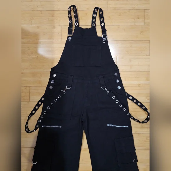 Dolls Kill Rare The Grave Girls Punk Goth Black Tough Life Denim Overalls S M - Picture 2 of 14